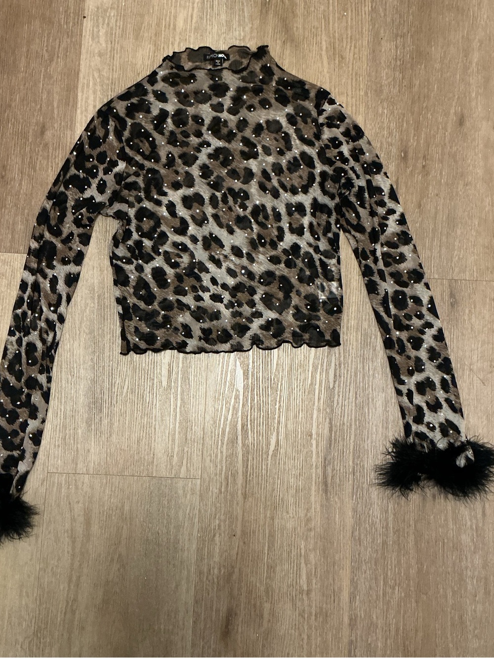 Fashion Nova Sheer Leopard Mesh Rhinestone Mock Neck Top Fur Cuffs